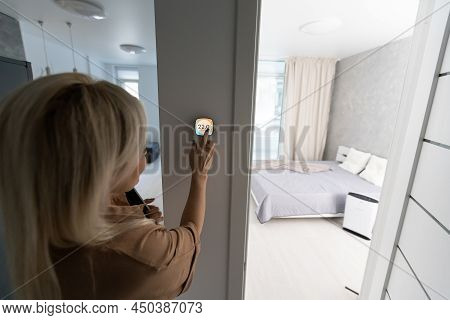 Thermostat Smart Home Domotic Control Panel On Wall For Winter House Temperature Banner Panoramic. E