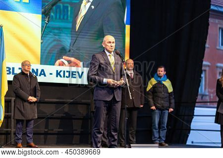 Slovenia, Ljubljana - March 2 2022: Prime Minister Janez Jansa, Keynote Speaker At The Protest In Su