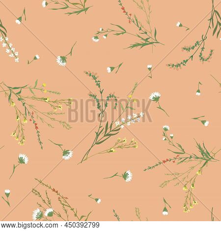 Blossom Floral Seamless Pattern. Botanical Motifs Scattered Random. Hand Drawn Small Flowers On Pink