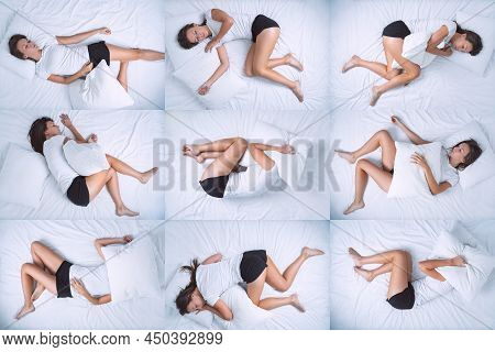Top View Of Woman In Different Sleep Positions. Tossing And Turning At Night. Insomnia, Sleeping Pro