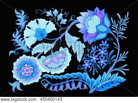 Fantasy Flowers In Retro, Vintage, Jacobean Embroidery Style. Element For Design. Vector Illustratio