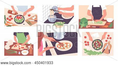 People Cook Food, Prepare Meal. Various Vegetable Dishes.
