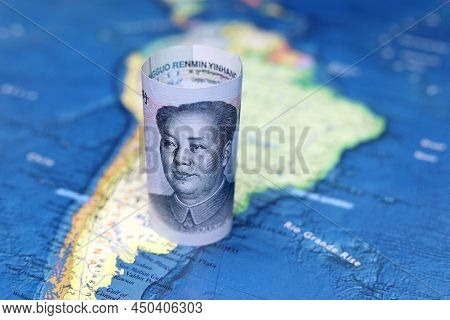 Chinese Yuan On The Map Of South America. Trading Between China And Latin American Countries, Econom