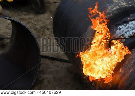 Working With Gas Cutting Requires Special Skill To Cut Pipes With Fire.