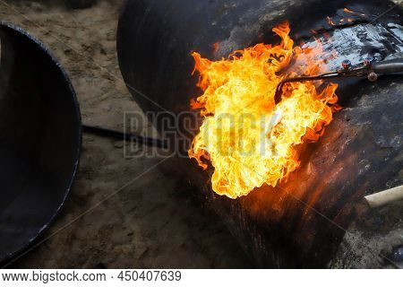 Working With Gas Cutting Requires Special Skill To Cut Pipes With Fire.