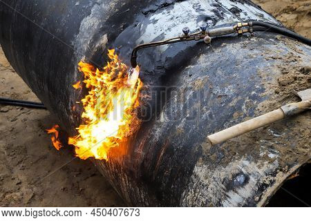 Working With Gas Cutting Requires Special Skill To Cut Pipes With Fire.