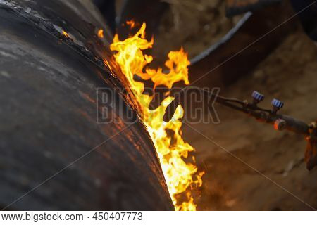 Working With Gas Cutting Requires Special Skill To Cut Pipes With Fire.