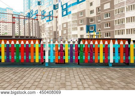 A Fence Made Of Pencils In The Yard For Children To Study