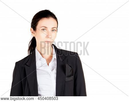 Young Cauasian Business Woman In White Shirt And Black Suit Standing In A White Photography Scene. P