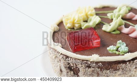 A Kyiv Cake On A Blue Plate. It's A Brand Of Dessert Cake Made In Kyiv, Ukraine. Kyiv Cake With Choc