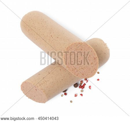 Delicious Liverwurst With Spices On White Background, Top View