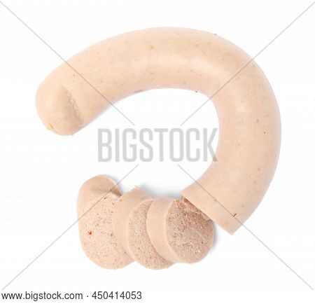 Cut Delicious Liver Sausage On White Background, Top View