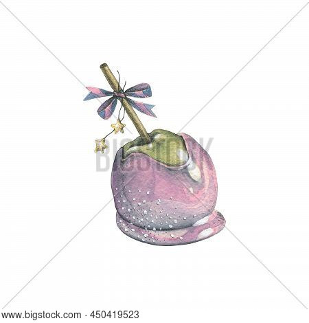 Stickers With Watercolor Illustration Of Magic Sweets.caramel Apple, Candy, Apple On A Stick, Fair, 