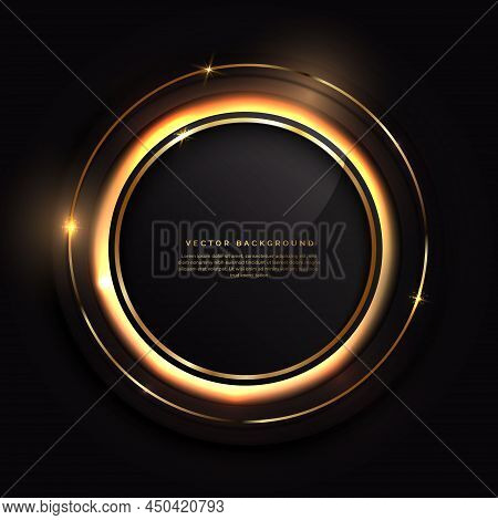 Abstract Luxury Gold Circle Lines Frame On Black Background And Glowing Ligthting Effect. Vector Ill