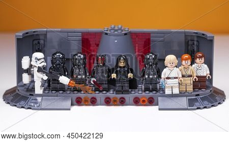RUSSIA, SAMARA, FEBRUARY 15, 2020 - Lego Star Wars Minifigures Constructor. Scarlet guard, Emperor Darth Sidious, Darth Vader, Darth Moul