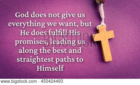 Christian Prayer Text On Purple Background With Holy Rosary.