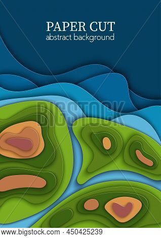 Vertical Vector Cover, Blue Green Flyers With Paper Cut Waves Shapes, World Earth Map, Ecology. 3d A