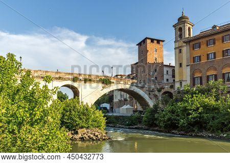 Rome, Italy - June 22, 2017: Amazing View Of Castello Caetani, Tiber River And Pons Fabricius In Cit