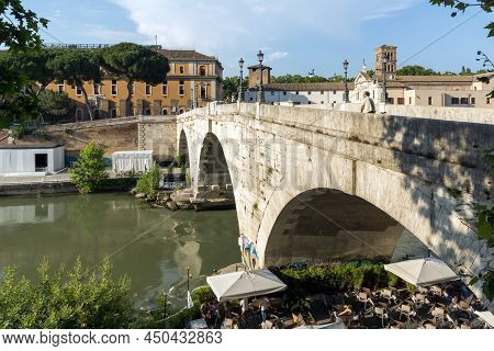 Rome, Italy - June 22, 2017: Amazing View Of Tiber River And Pons Cestius In City Of Rome, Italy