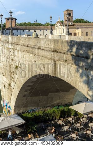 Rome, Italy - June 22, 2017: Amazing View Of Tiber River And Pons Cestius In City Of Rome, Italy