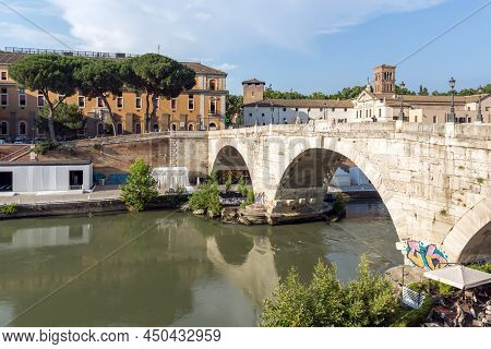Rome, Italy - June 22, 2017: Amazing View Of Tiber River And Pons Cestius In City Of Rome, Italy