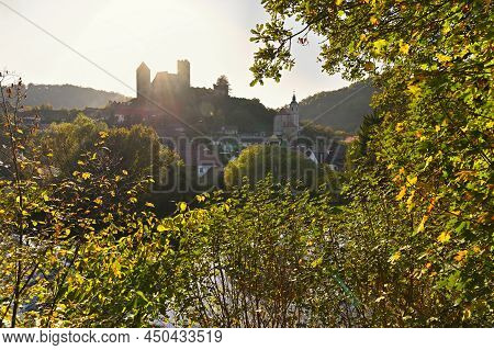 Beautiful Autumn Landscape In Austria With A Nice Old Hardegg Castle.