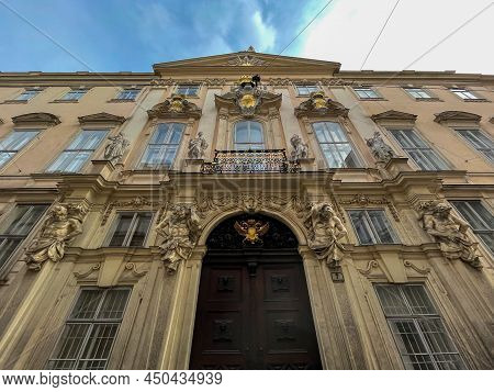 Vienna, Austria - Jul 18, 2021: The Front Facade Of The Bohemian Court Chancery Building On Judenpla