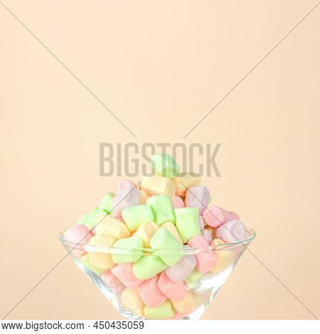 Close Up Brignt Marshmallows For Sweet Break In Glass, Concept Of Sweet Dessert