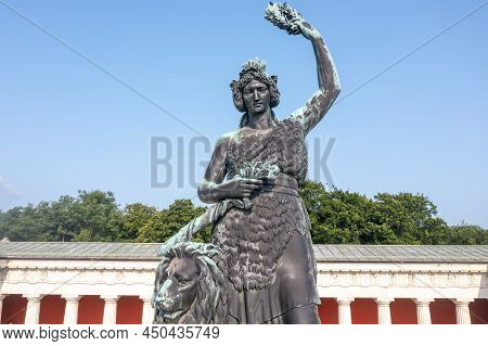 Bavaria Statue And Ruhmeshalle (hall Of Fame) In Munich, Germany, Theresienwiese. The Statue Was Bui
