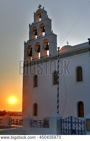 Church Of Panagia Platsani (akathistos Hymn). Greek Orthodox Church. Traditional Blue Domed, With Be