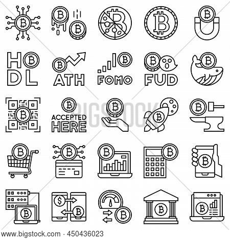 Cryptocurrency And Bitcoin Related Line Icon Set