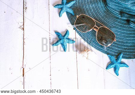 Beach Holiday Theme Background With Blue Starfish