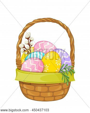 Happy Easter. Beautiful Basket With Colored Eggs. Traditional Easter Basket. Stock Vector Illustrati