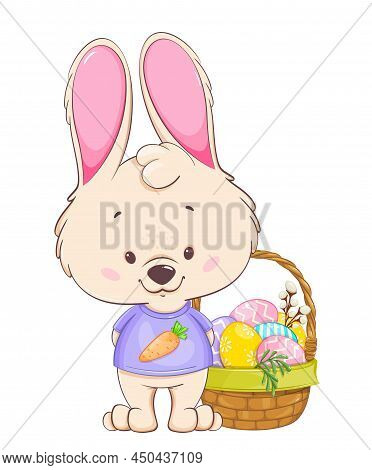 Happy Easter Greeting Card. Funny Cartoon Character Rabbit Standing Near Basket With Colored Eggs. E