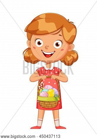 Happy Easter. Cute Girl Cartoon Character Holding Basket With Colored Eggs. Easter Chicken Costume. 