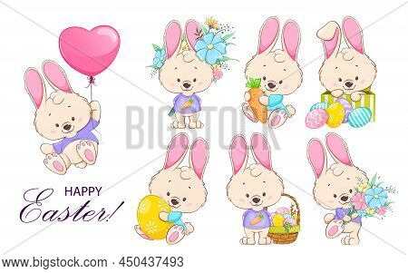 Happy Easter. Funny Cartoon Character Rabbit, Set Of Seven Poses. Easter Bunny. Stock Vector Illustr