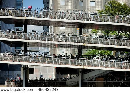 Amsterdam - August 2011: Lots Of Bicycles Parked In Multistory Bicycle Parking Rack In Amsterdam, Ne