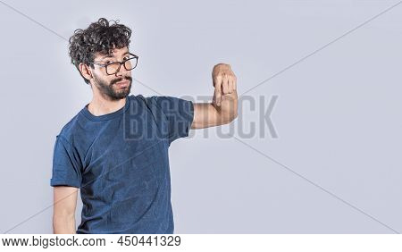 Friendly Bearded Man Pointing Down On Isolated Background, Friendly Guy Pointing Down And Recommendi