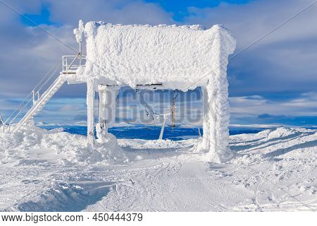 Frozen Funicular Support Poles. Ski Lift Technology, Ski Resort, Mountain Resort.