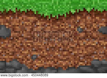 Pixel Game Background, Cubic Pixel Grass And Ground Blocks Pattern. 8bit Gaming Interface Design. Ga