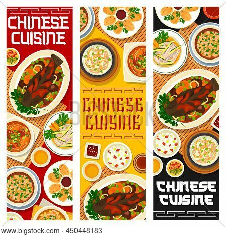 Chinese Food Cuisine Banners, Asian Menu Dishes And Restaurant Gourmet Meals, Vector. Chinese Cuisin