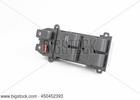 Car Window Switch Spare Part In Car Service Part On White Background : Auto Parts Concept