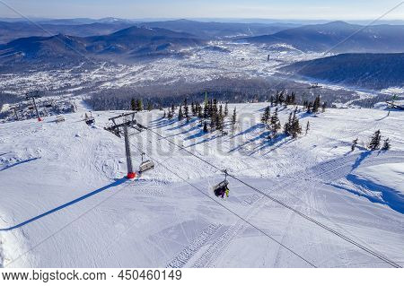 Sheregesh Ski Lift Resort Winter, Landscape Mountain And Hotels, Aerial Top View Russia Kemerovo Reg