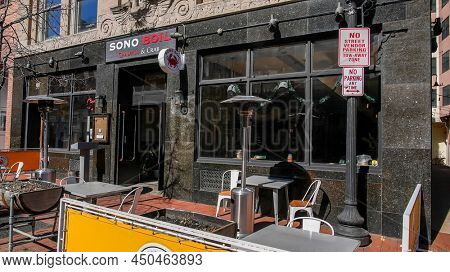 NORWALK, CT, USA - MARCH 3 2022: Sono Boil Crawfish and crab restaurant in downtown at  Washington street in nice sunny day
