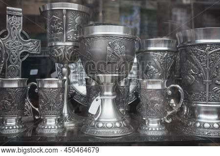 Dublin, Ireland - Feb 9th, 2020: Silver Tankards And Globets. Typical Irish Crafts, Dublin, Ireland