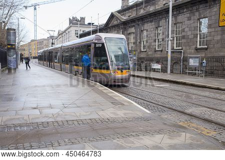 Dublin, Ireland - Feb 9th, 2020: Luas, Tram Light Rail System. Dublin, Ireland