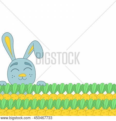 Vector Background Template With Carrot And Rabbit Character. Childrens Vector Banner With A Cartoon 