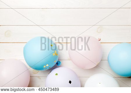 Background With Fastive Air Balloons Of Round Shape And Confetti, Multicoloured Top View. Birthday P