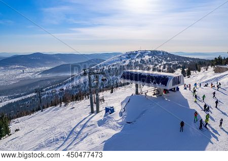 Aerial Top View Sheregesh Ski Lift Resort Winter, Landscape Mountain And Hotels, Russia Kemerovo Reg