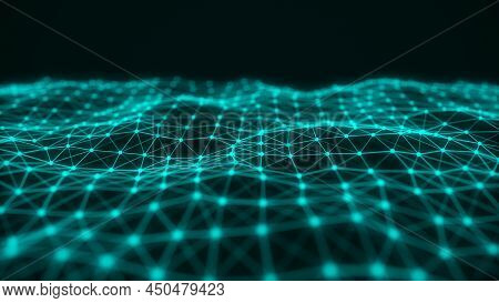 Digital Technology Wave. Dark Cyberspace With Blue Motion Dots And Lines. Futuristic Digital Backgro